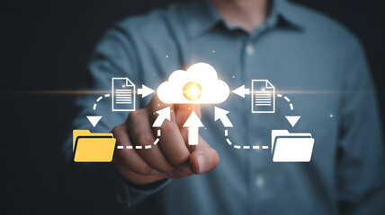 Man's finger interacting with futuristic cloud data transfer interface hologram