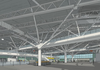 Industrial interior with structural beams columns and minimal human figures