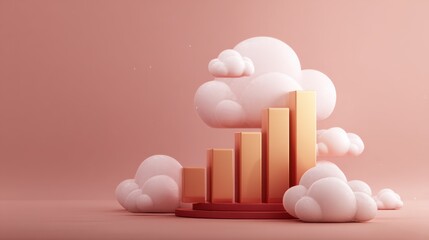 3D Render of Bar Graph Rising with Colorful Clouds on Pink Background for Business Growth Concept Visualization