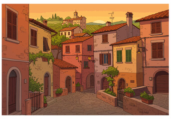 Italian street with buildings cobblestones and sunset