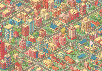 Fototapeta premium Isometric view of a colorful cartoonish city with buildings roads and trees