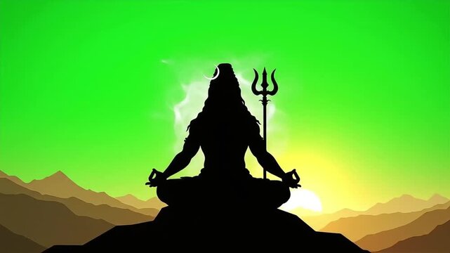 Silhouette of Shiva meditating on a mountain peak at sunset with a trident, set against a vibrant green and yellow sky.