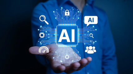 Human hand holding glowing ai technology with digital circuit board and icons