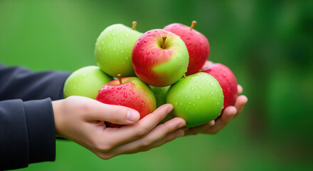 Close-up of female farmer's hands joyfully presenting a vibrant harvest of fresh, dew-kissed red and green organic apples from her eco-farm.