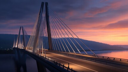 Stunning sunset view of a cable-stayed bridge over a calm river, with mountains in the background