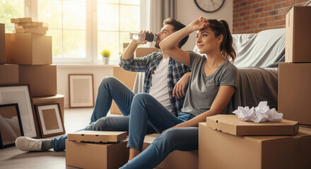 Tired but hopeful couple taking a break on the floor, surrounded by moving boxes and sunlight, during their house relocation.