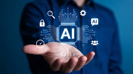Person holding a glowing ai chip with digital icons representing future technology and artificial intelligence concepts