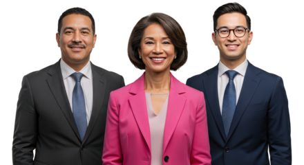 Three people smiling in business attire stand together against a neutral background in a studio shot