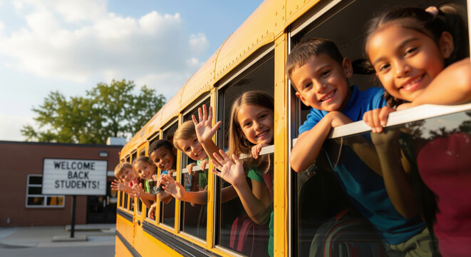 Excited schoolchildren classmates smiling and waving from a yellow school bus, ready for the new educational year, with a 'Welcome Back Students' sign visible.