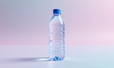 Clear Bottled Water with Blue Cap on Pastel Background