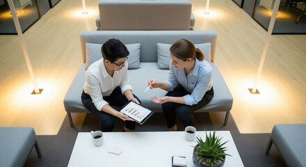 Top view of two modern business professionals engaged in a focused discussion, analyzing data on a digital tablet within a contemporary office lobby lounge area.
