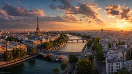 Panoramic sunset view of paris skyline featuring the eiffel tower, romantic evening cityscape of paris, france with vibrant sky colors and iconic architecture
