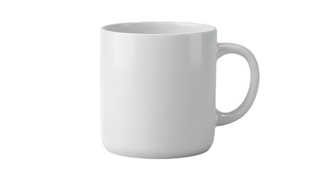 A simple white ceramic mug with a rounded handle isolated against a black background in a studio shot
