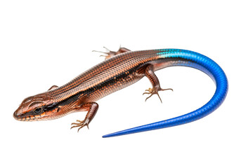 A detailed  shot showcases a lizard with a striking blue tail against a plain black background.