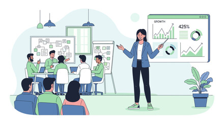 Engaging business meeting presentation showing growth charts and team collaboration