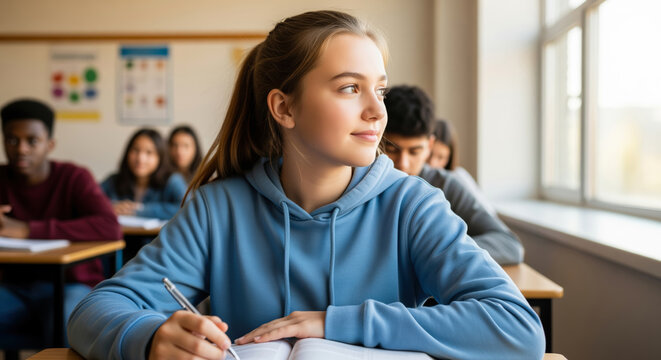 A thoughtful Caucasian teenage girl in a blue hoodie looks out a classroom window while writing, her classmates studying in the blurred background. - Powered by Adobe