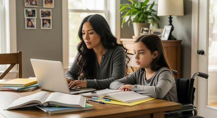Dedicated woman homeschooling her disabled sister, working attentively on a laptop with textbooks on their dining table.