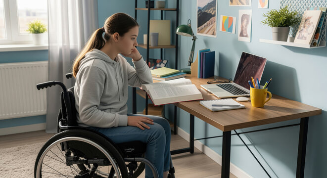 A thoughtful young disabled girl in a wheelchair studying intently at her modern wooden desk in a bright, organized bedroom.