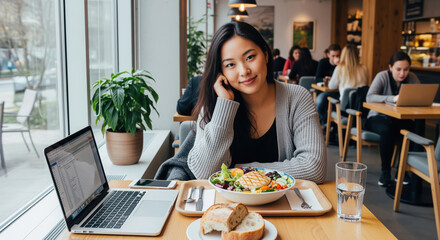 Smiling Asian Woman Enjoys Healthy Cafe Lunch, Taking a Cozy Break from Online Work on Her Laptop