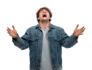 Expressive young man space portrait emotion isolated on transparent background