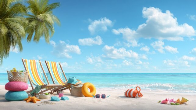 Tropical sandy beach with straw hat, sunglasses, flip flops, and beach towel under bright sunlight, summer holiday relaxation and exotic vacation background by the sea - Powered by Adobe