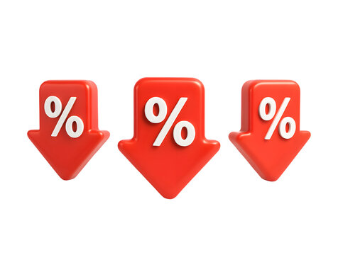 Three red downward arrows each showing a white percentage symbol indicating price reduction sale discount offer