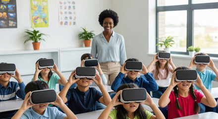 Multicultural schoolchildren actively engaged with virtual reality headsets in a bright classroom, supervised by a smiling African American teacher, fostering modern interactive learning.