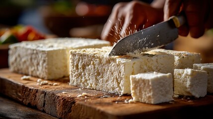 Freshly Cut Paneer Cheese Cubes on Wooden Board Close-Up