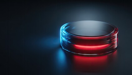 Futuristic glowing device with blue and red lights on a dark background.