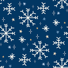 Seamless navy Christmas pattern with snowflakes and stars