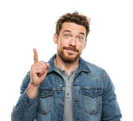 Engaging conversation gesture by man in denim environment isolated on transparent background