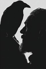 Odin one eyed god with raven on shoulder dramatic silhouette
