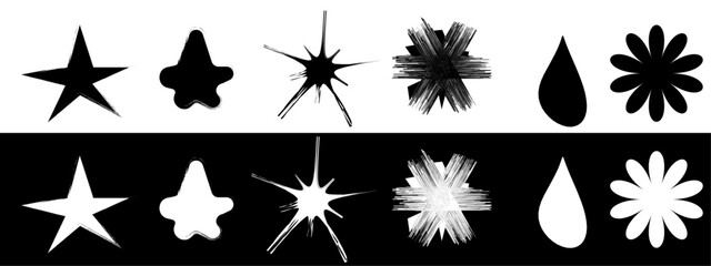 Inverted pairs of simple shapes: star, blob, burst, spiky burst, drop, flower.