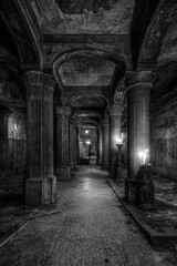 Fototapeta premium Dark Grayscale Crypt Corridor With Stone Pillars And Arched Ceilings