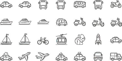 Diverse transport icons including cars, buses, scooters, boats, airplanes, and bicycles for travel and mobility.