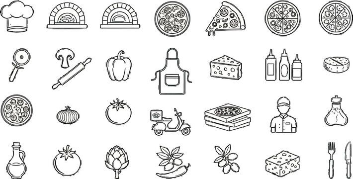 Essential pizza making and delivery icons chef hat oven pizza slice ingredients delivery scooter dining set