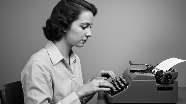 Retro woman typing on a vintage typewriter in black and white