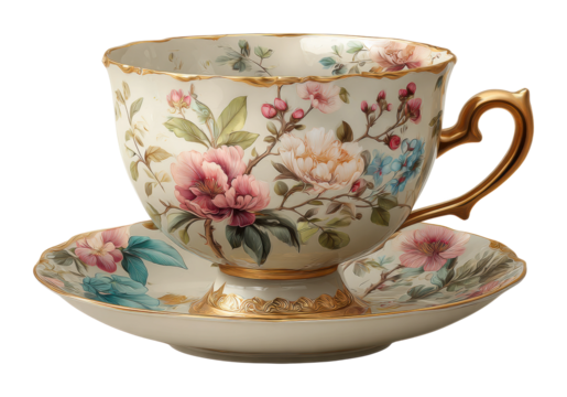 Elegant floral tea cup vintage style table isolated on transparent background