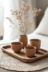 Elegant Clay Pots with Dried Flowers on Wooden Tray at Home
