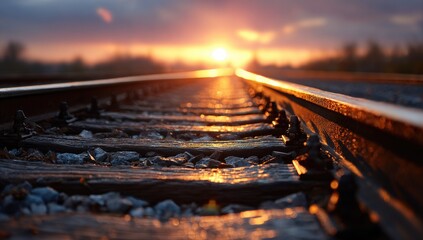 Golden Hour Sunset Over Wet Train Tracks Leading to the Horizon.