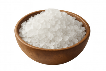 Sea salt crystals spilling over rustic wooden bowl, presenting textural contrast against clean transparent surface