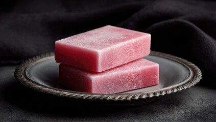 Artisanal Pink Soap Bars Resting on a Vintage Silver Platter.