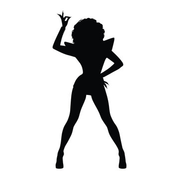 Stylish Drag Queen Silhouette Vector Dancing in Heels, Flowing Gown and Glamorous Hair Style, Dramatic Pose with Afro Wig on White Background