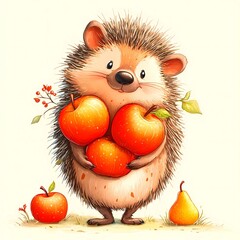 Cute hedgehog holding apples and pear autumn harvest illustration