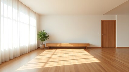 A serene minimalist living room corner with wooden accents, showcasing simplicity and elegance.