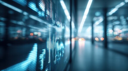 Digital Display of Financial Data: An eye-level shot showcases a vibrant display board, providing a view of the world of finance with a bokeh effect in the background. The display glows.