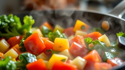 Fresh vegetables sizzle in a pan, vibrant colors and rising steam captured in warm kitchen lighting.