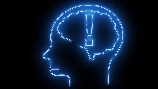 human brain head icon and exclamation mark icon with neon effect
