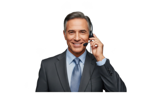 Professional businessman smiling wearing headset customer support representative isolated on transparent background - Powered by Adobe