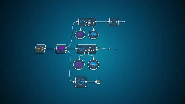 AI automation workflow diagram with agents and process flow on blue technology background, looped animation